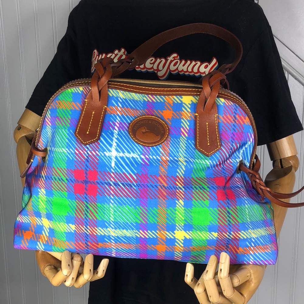 DOONEY BOURKE Blue Plaid Dome Shaped Top Zip Bag w Brown Leather Braided Handles